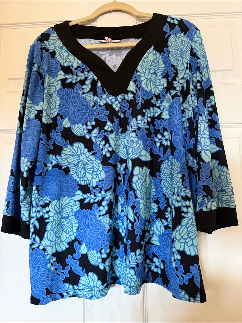 JM Collection Black Tunic with Blue Floral Print